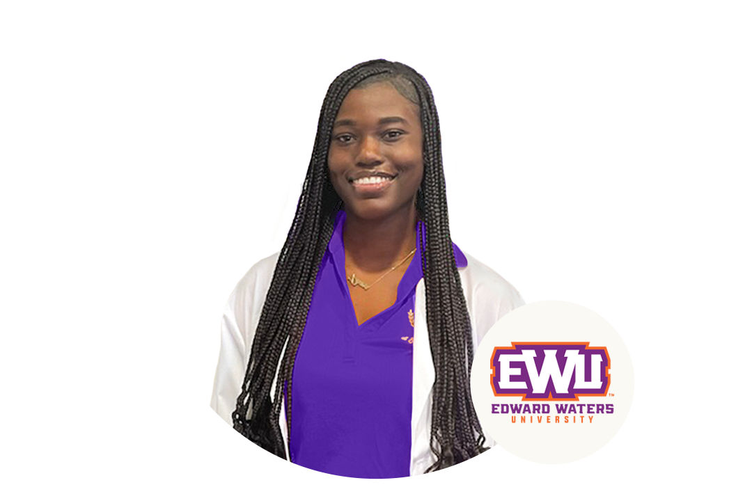 Black nursing student with logo for Edward Waters University